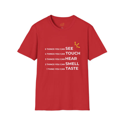 "5 Things You Can See, 4 Things You Can Touch, 3 Things You Can Hear, 2 Things You Can Smell, 1 Thing You Can Taste" Tee